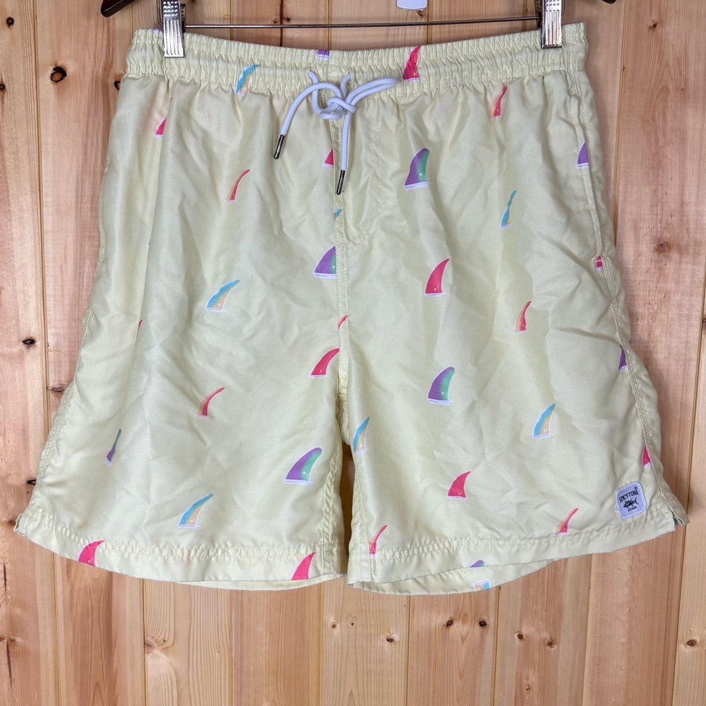 Spicy Tuna Mens Swim Trunks XL Pale Yellow Sail Boat Print Summer Vacation